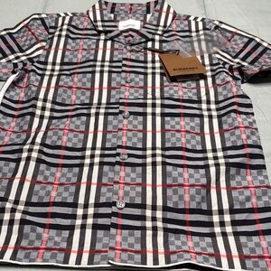 Burberry Check Short-Sleeve Button-Down Shirt in Gray, Black & Red